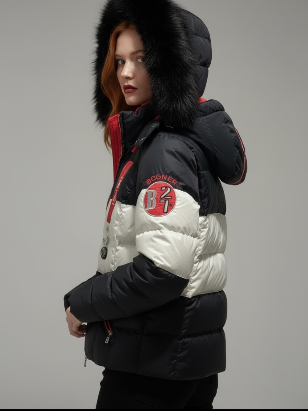 Bogner Black, White & Red Ski Puffer Jacket With Fur Trimmed Hood